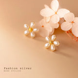 925 Silver Pearl Flower Stud Earrings 18K Plated Gift