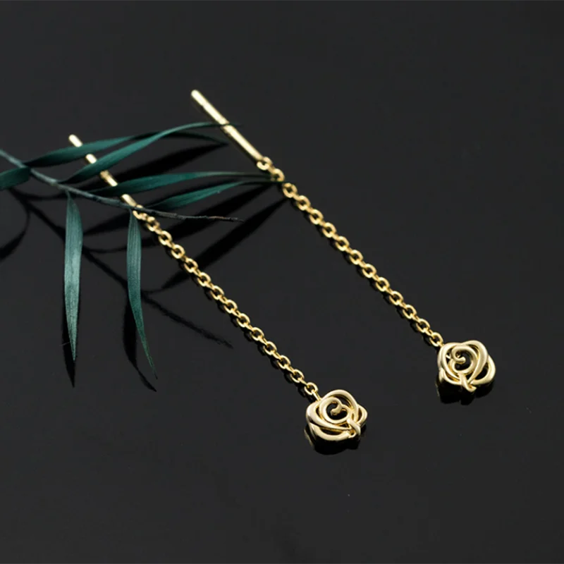 925 Silver Plated 18k Rose Flower Ear Thread Drop Earrings