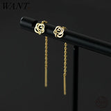 925 Silver Plated 18k Rose Flower Ear Thread Drop Earrings