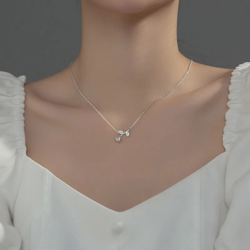 925 Silver Red Rose Flower Necklace Zircon Proposal Wedding Jewelry