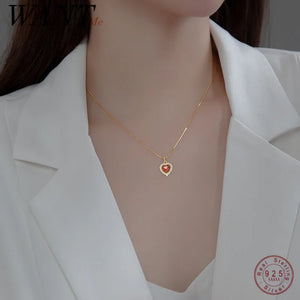 925 Silver Red Agate Love Heart Pendant Necklace for Women