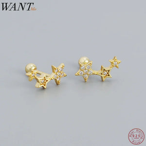 925 Silver Star Zircon Stud Earrings Women Teen Party Piercing Jewelry