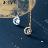 925 Silver Crystal Moon Chain Pendant Necklace for Women Wedding Gift
