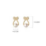 925 Silver Zircon Bow Pearl Hollow Stud Earrings Women Wedding Jewelry