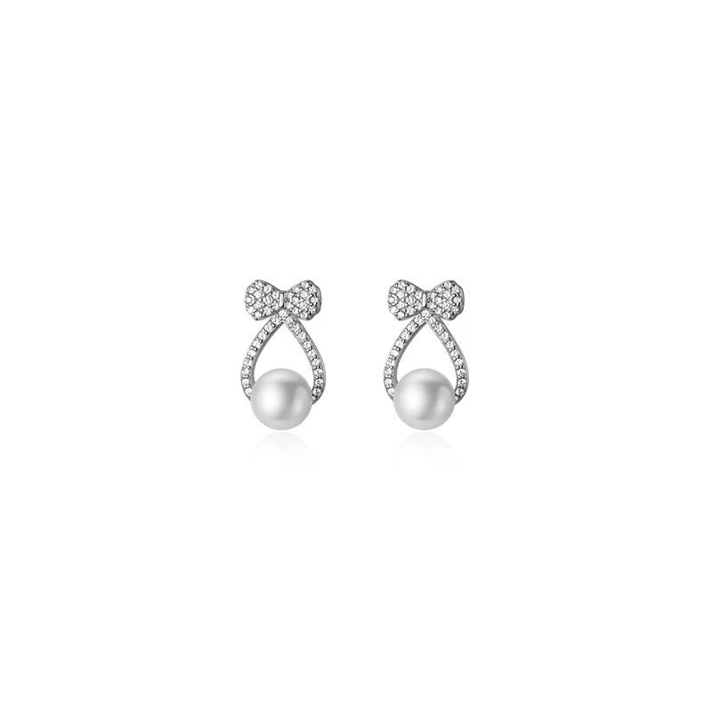 925 Silver Zircon Bow Pearl Hollow Stud Earrings Women Wedding Jewelry