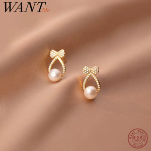 925 Silver Zircon Bow Pearl Hollow Stud Earrings Women Wedding Jewelry