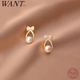 925 Silver Zircon Bow Pearl Hollow Stud Earrings Women Wedding Jewelry