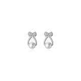 925 Silver Zircon Bow Pearl Hollow Stud Earrings Women Wedding Jewelry