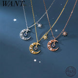 925 Silver Zircon Moon Light Star Pendant Necklace Women Jewelry