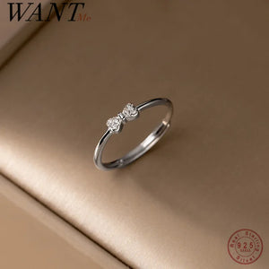 925 Silver Bow Zircon Adjustable Ring for Women Teen Birthday Party