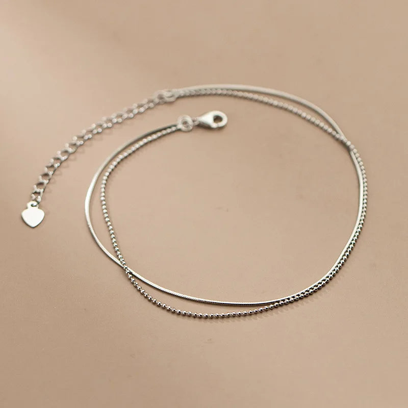 925 Sterling Silver Double Snake Bone Round Beads Charm Anklet for Women