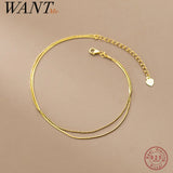 925 Sterling Silver Double Snake Bone Round Beads Charm Anklet for Women