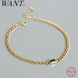 925 Silver French Link Chain Green Zircon Gothic Charm Bracelet 18k Plated
