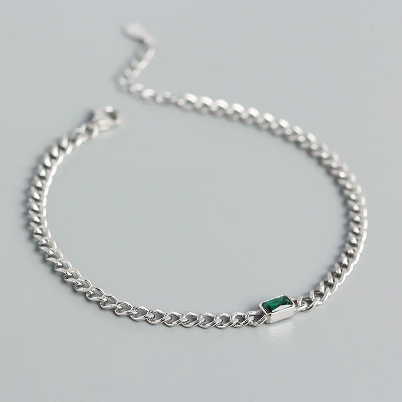 925 Silver French Link Chain Green Zircon Gothic Charm Bracelet 18k Plated