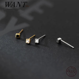925 Silver Square Zircon Stud Earrings for Women Kid