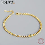 925 Silver Gothic Green Zircon Charm Bracelet French Plated Statement Jewelry