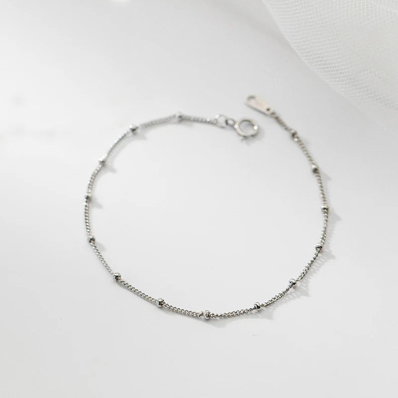 925 Sterling Silver Link Chain Bead Charm Bracelet for Women