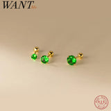 925 Silver Green Zircon Bead Stud Earrings Women Party Jewelry