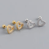 925 Silver Spiral Heart Zircon Stud Earrings for Women