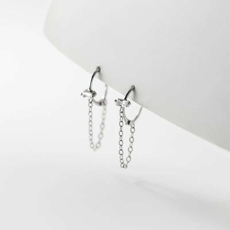 Sterling Silver Zircon Link Chain Boho Earrings for Women