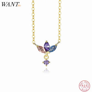 925 Silver Crown Flower Charm Necklace Colorful Zircon Wedding Jewelry