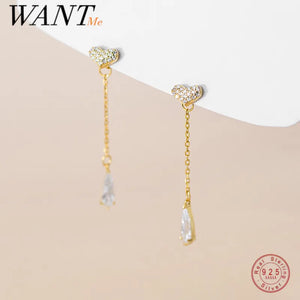 925 Silver Sweet Love Heart Tassel Zircon Earrings