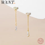 925 Silver Sweet Love Heart Tassel Zircon Earrings