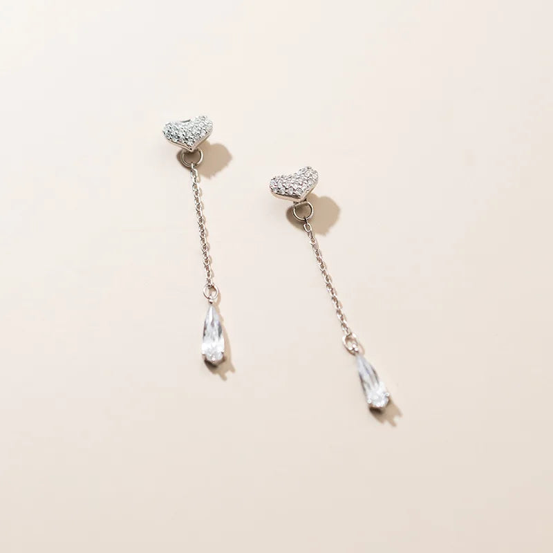925 Silver Sweet Love Heart Tassel Zircon Earrings