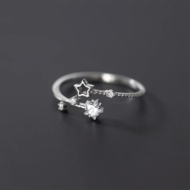 925 Silver Star Zircon Open Ring for Women Golden Plated Jewelry