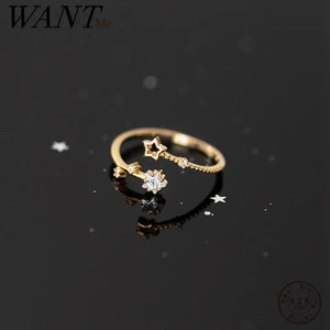925 Silver Star Zircon Open Ring for Women Golden Plated Jewelry