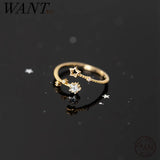 925 Silver Star Zircon Open Ring for Women Golden Plated Jewelry