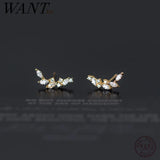 925 Silver Zircon Leaf Stud Earrings Women Wedding Party Jewelry