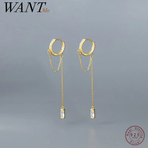 925 Silver Tassel Chain Zircon Ear Buckle Wedding Earrings