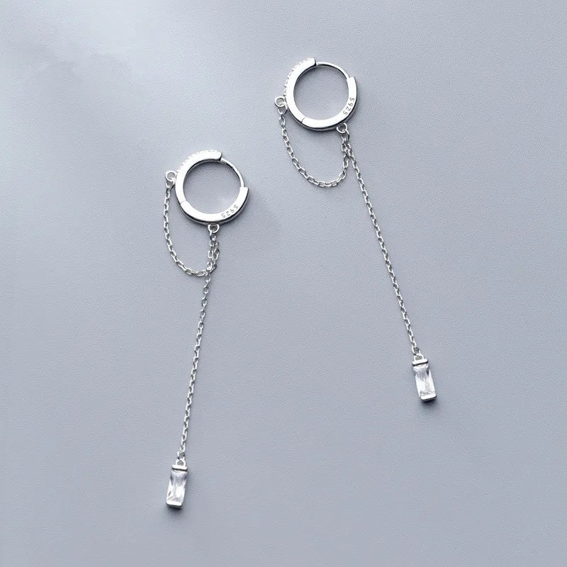 925 Silver Tassel Chain Zircon Ear Buckle Wedding Earrings