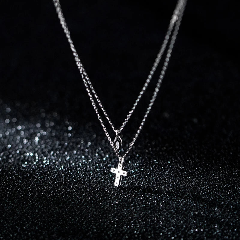 925 Silver Double Cross Zircon Statement Necklace for Women