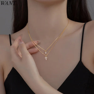 925 Silver Double Cross Zircon Statement Necklace for Women