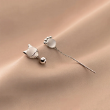 925 Sterling Silver Cat Claw Chain Tassel Bell Earrings for Women