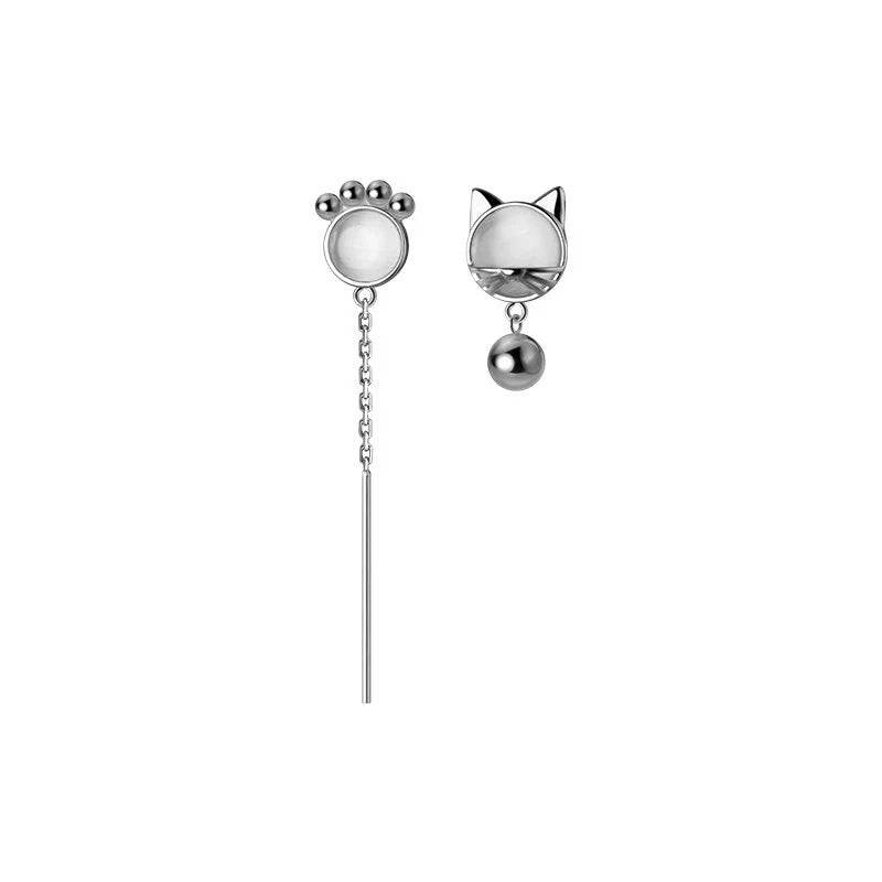 925 Sterling Silver Cat Claw Chain Tassel Bell Earrings for Women