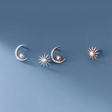 925 Silver Sun Moon Stud Earrings Zircon Charm Party Jewelry