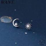 925 Silver Sun Moon Stud Earrings Zircon Charm Party Jewelry