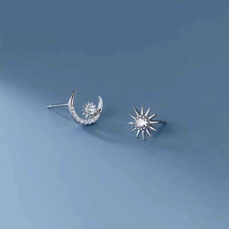 925 Silver Sun Moon Stud Earrings Zircon Charm Party Jewelry