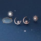 925 Silver Sun Moon Stud Earrings Zircon Charm Party Jewelry