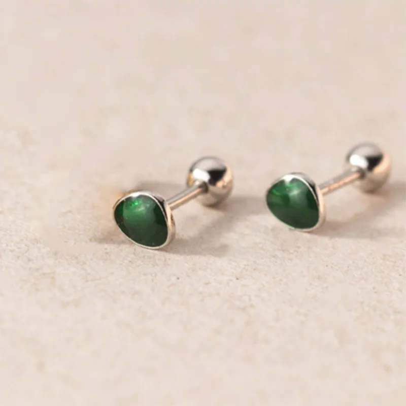 925 Silver Green Enamel Screw Bead Stud Earrings