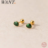 925 Silver Green Enamel Screw Bead Stud Earrings