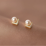 925 Silver Zircon Geometric V Pearl Stud Earrings for Women