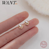 925 Silver Zircon Geometric V Pearl Stud Earrings for Women