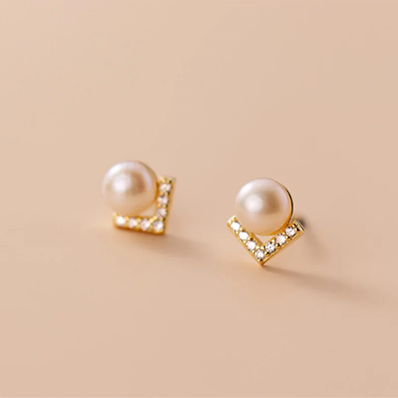 925 Silver Zircon Geometric V Pearl Stud Earrings for Women