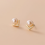 925 Silver Zircon Geometric V Pearl Stud Earrings for Women