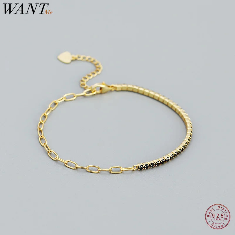 925 Silver Vintage Link Chain Rainbow Zircon Bracelet Women Jewelry Bangle