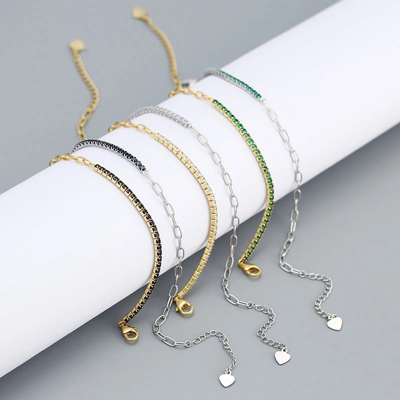 925 Silver Vintage Link Chain Rainbow Zircon Bracelet Women Jewelry Bangle